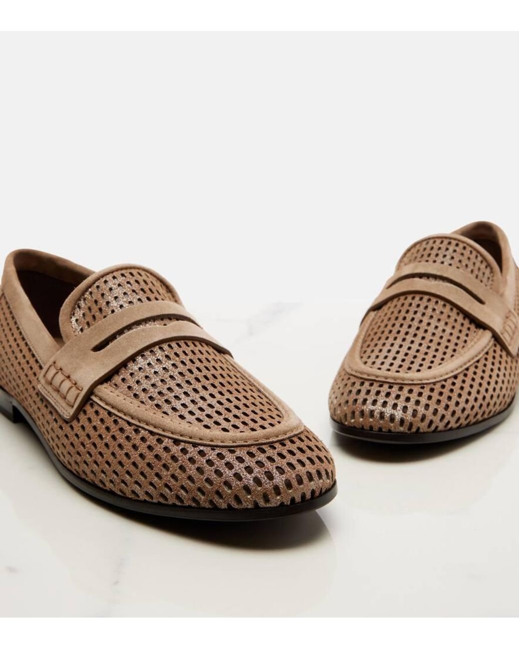 Brunello Cucinelli Brown Perforated Suede-Trimmed Leather Penny Loafers