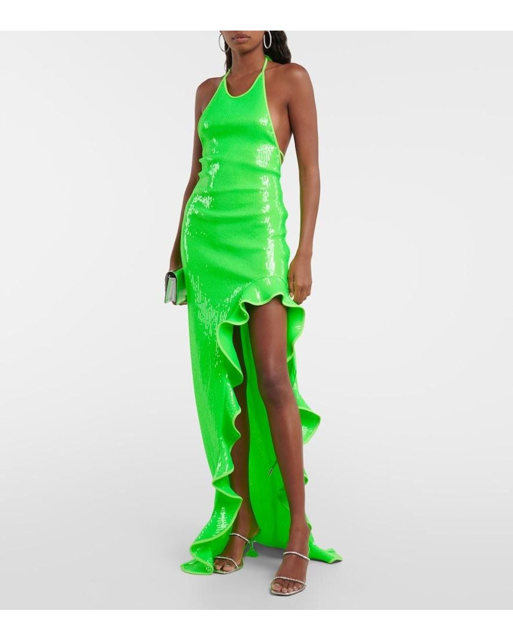 David Koma Green Sequined Halterneck Maxi Dress