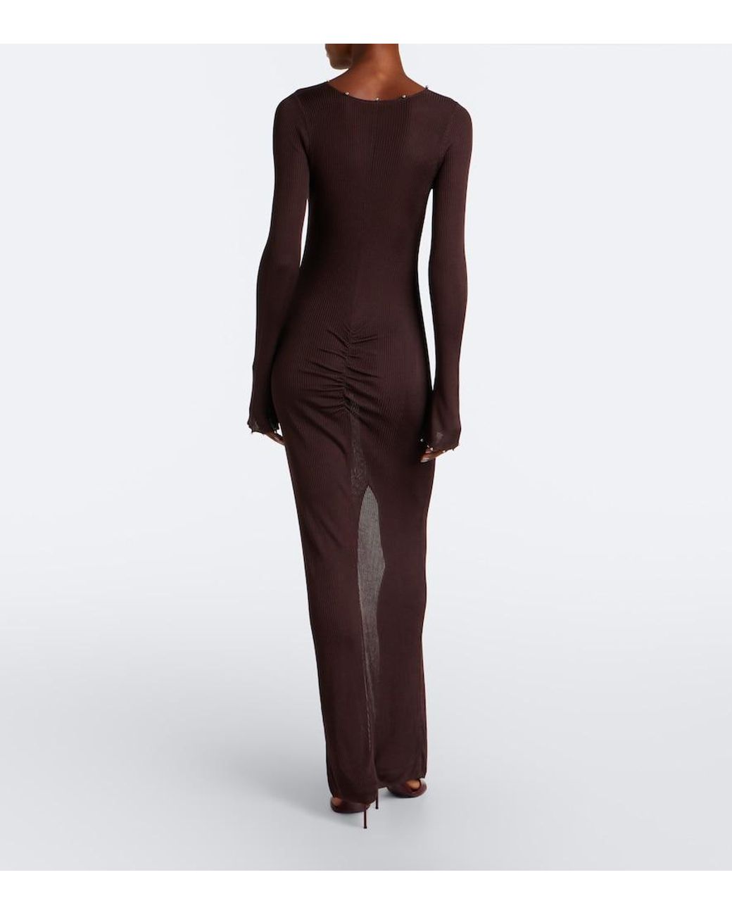 De La Vali Brown Elisia Ribbed-Knit Ruched Maxi Dress