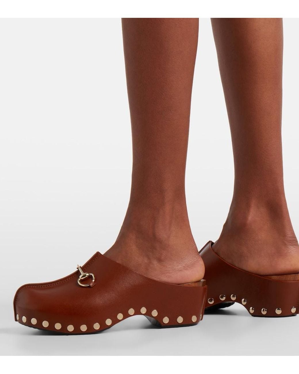 Gucci Brown Horsebit Studded Leather Platform Clogs