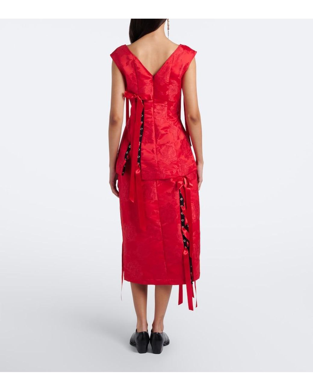 Simone Rocha Red Bow-Detail Floral Brocade Midi Skirt