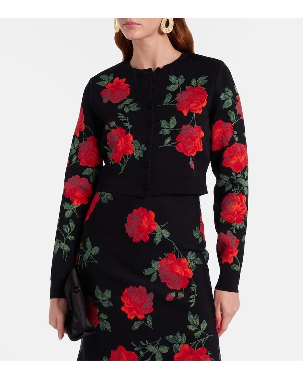 Carolina Herrera Red Floral Cropped Jacquard Cardigan