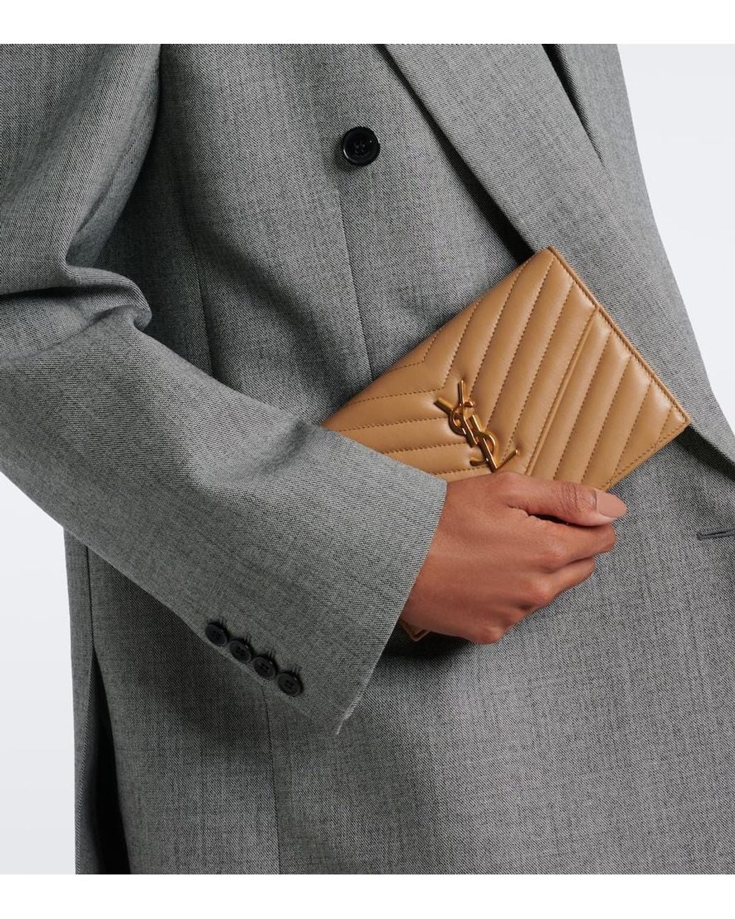 Saint Laurent Brown Cassandre Envelope Matelasse Leather Wallet On Chain