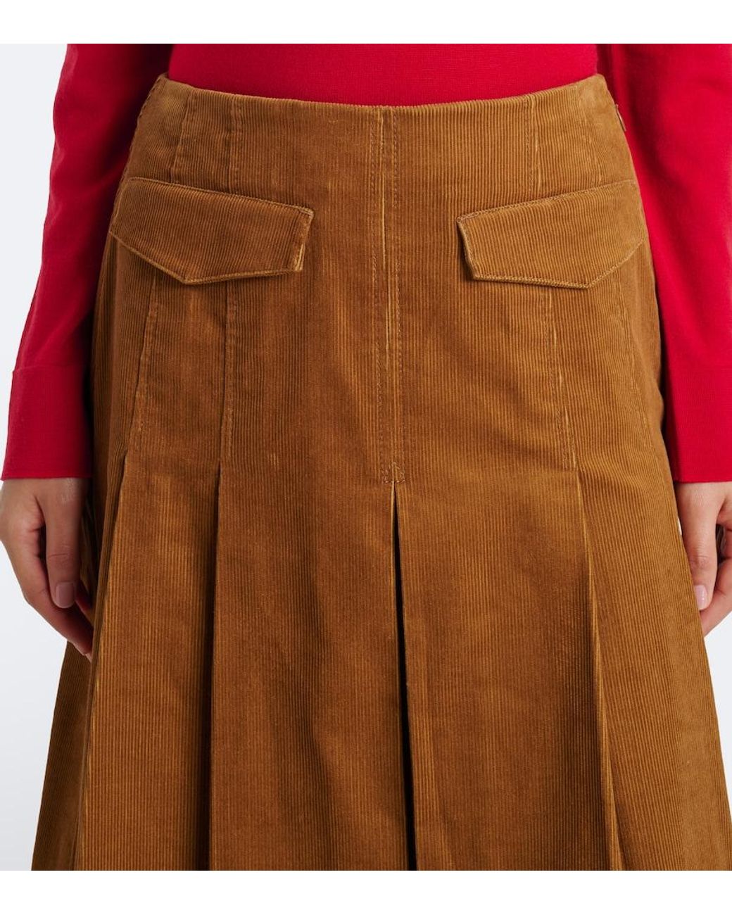 Tory Burch Brown Pleated Cotton Corduroy Midi Skirt