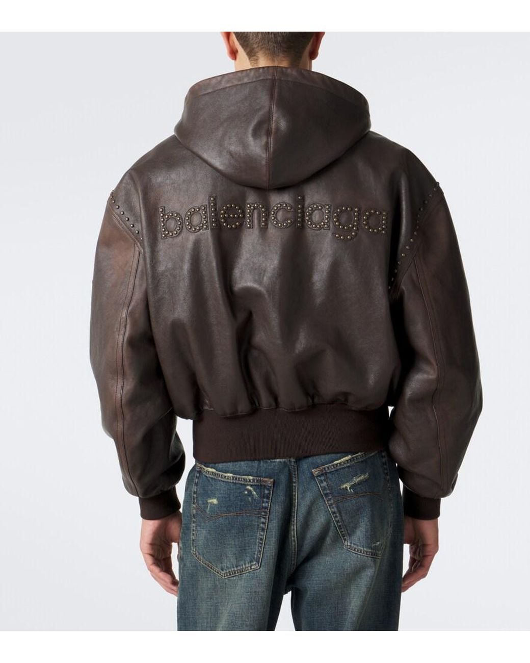 Balenciaga Brown Studded Hooded Leather Jacket for men