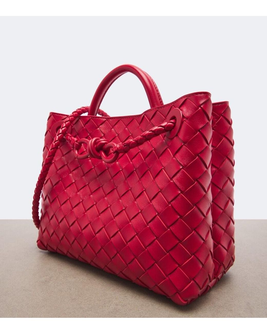 Bottega Veneta Red Andiamo Intrecciato Small Leather Tote Bag