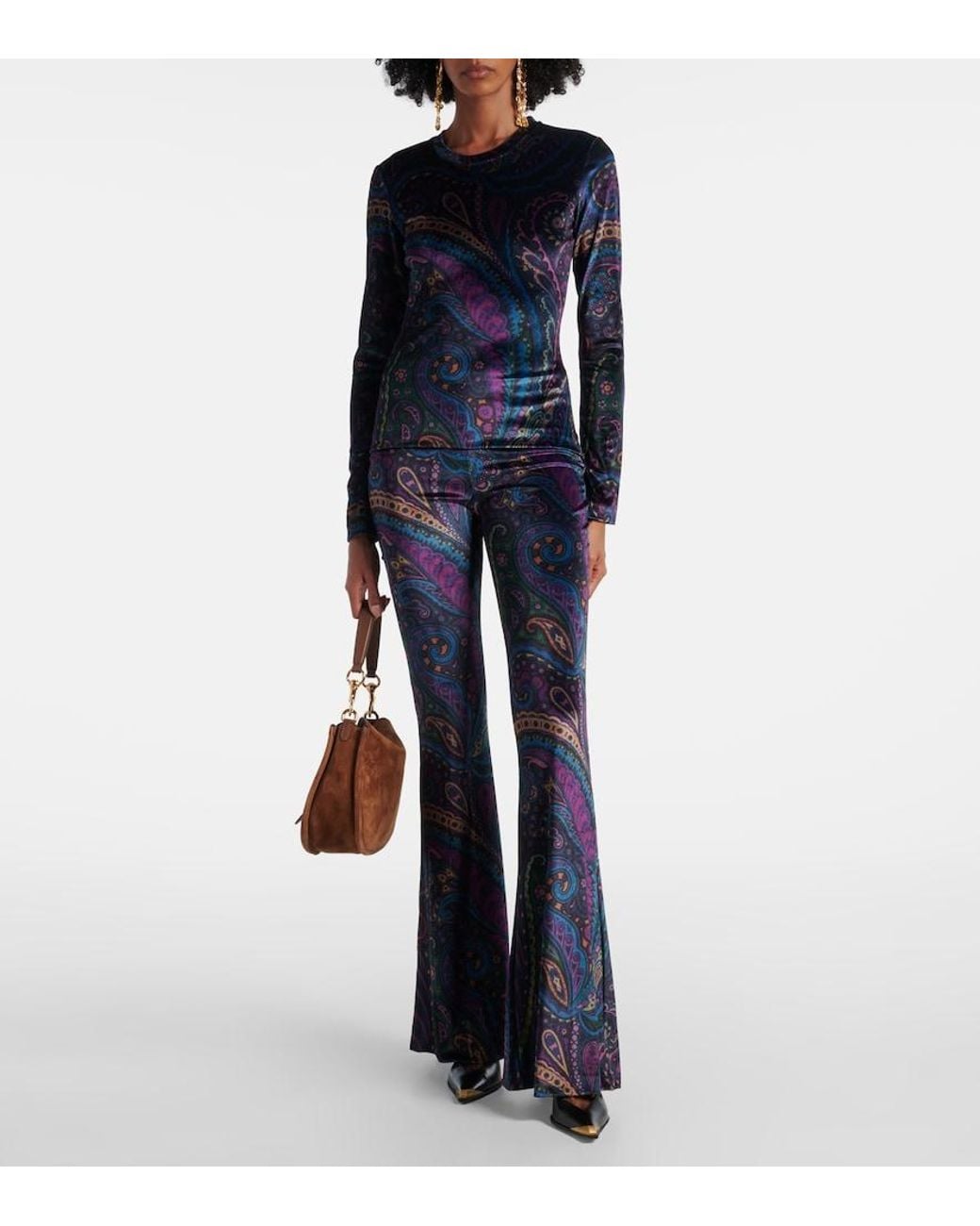 Etro Blue Printed High-Rise Velvet Flared Pants