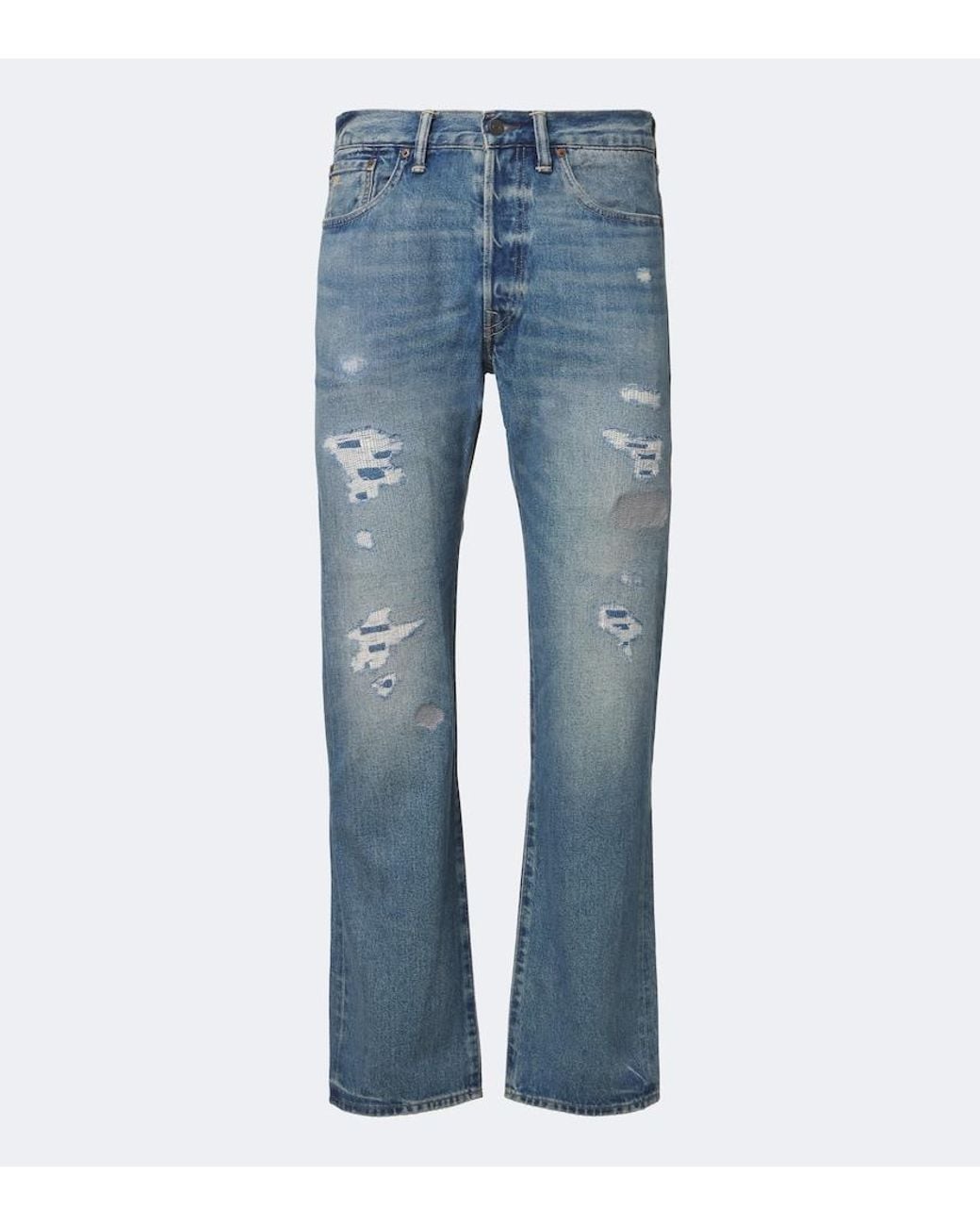 RRL Blue Distressed Straight Jeans for men