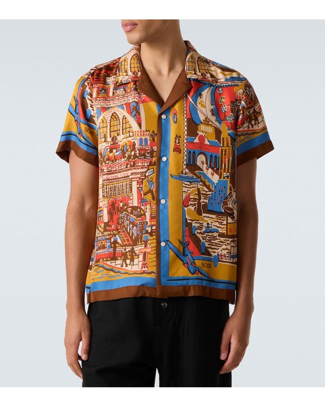 Bode Orange Manhattan Island Printed Silk Bowling Shirt for men