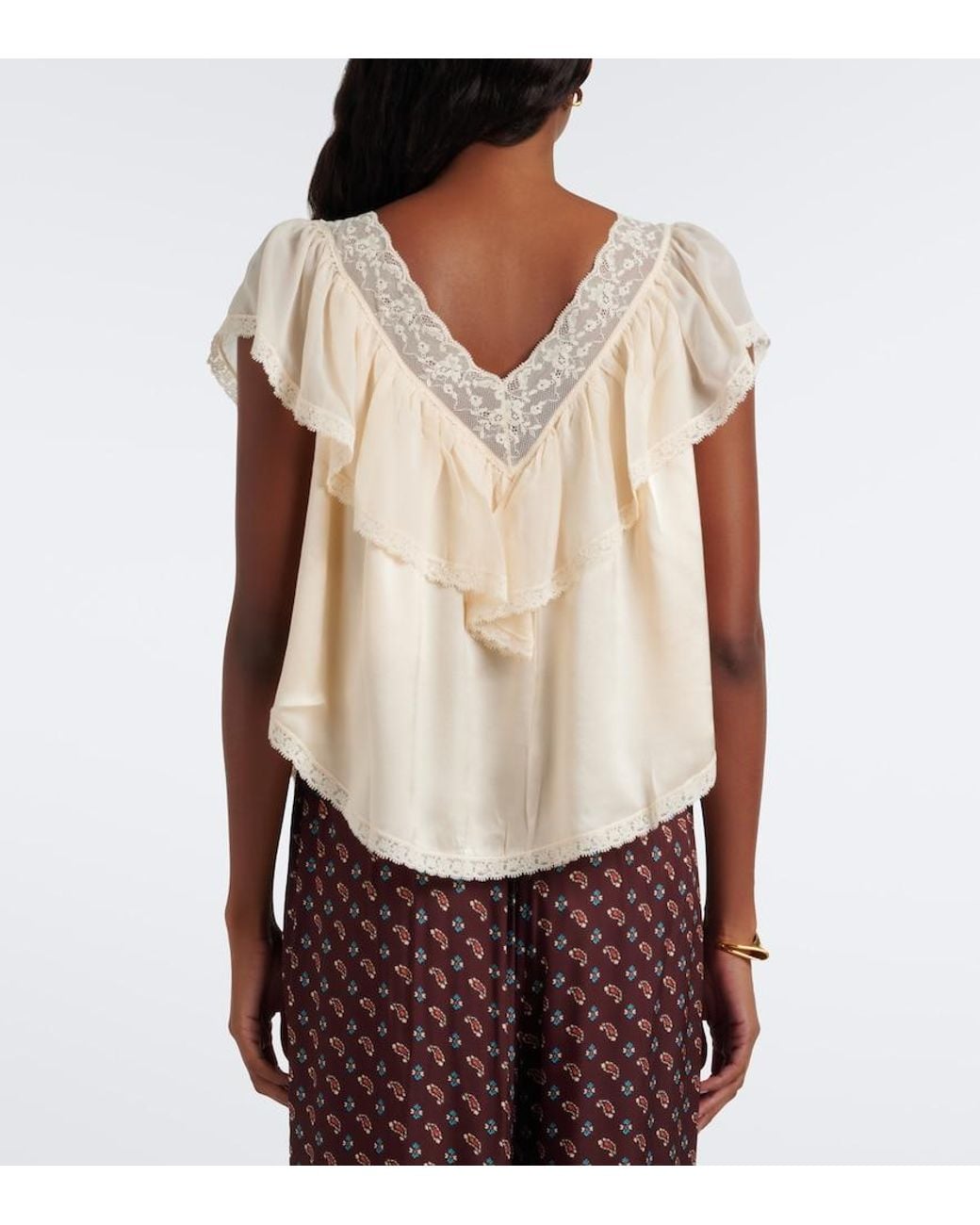 Doen Natural Yadira Lace-Trimmed Ruffled Silk Blouse