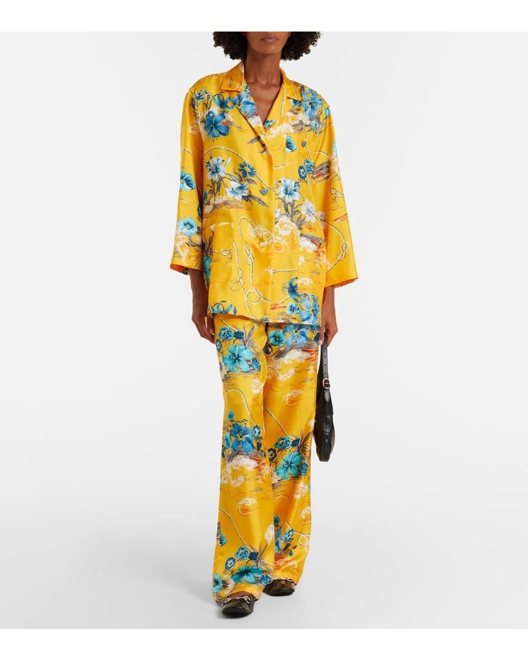 Gucci Yellow Floral Silk Twill Wide-Leg Pants