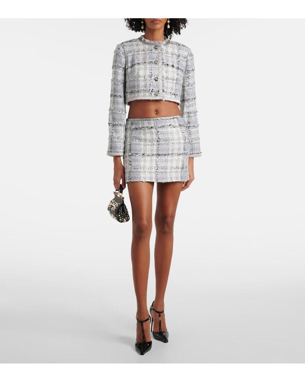 Dolce & Gabbana Metallic Checked Low-Rise Lame Tweed Miniskirt