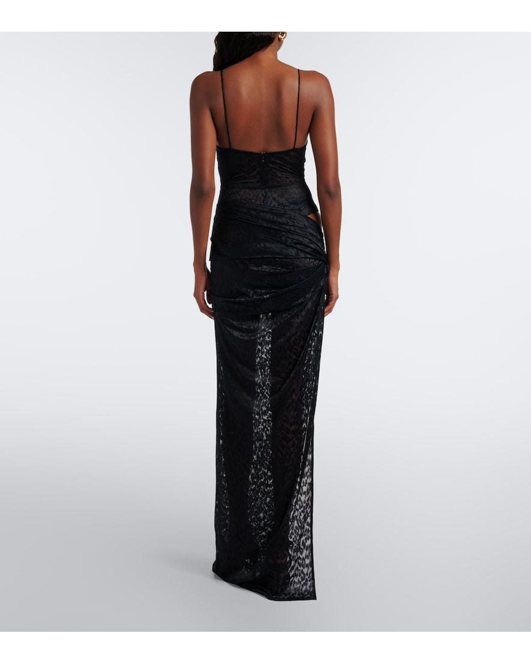 Alex Perry Black Draped Leopard-Print Lace Maxi Dress