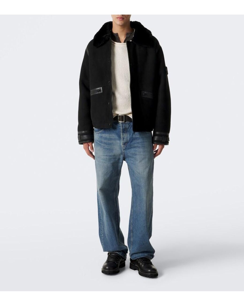Stone Island Black Ghost Shearling-Trimmed Suede Jacket for men