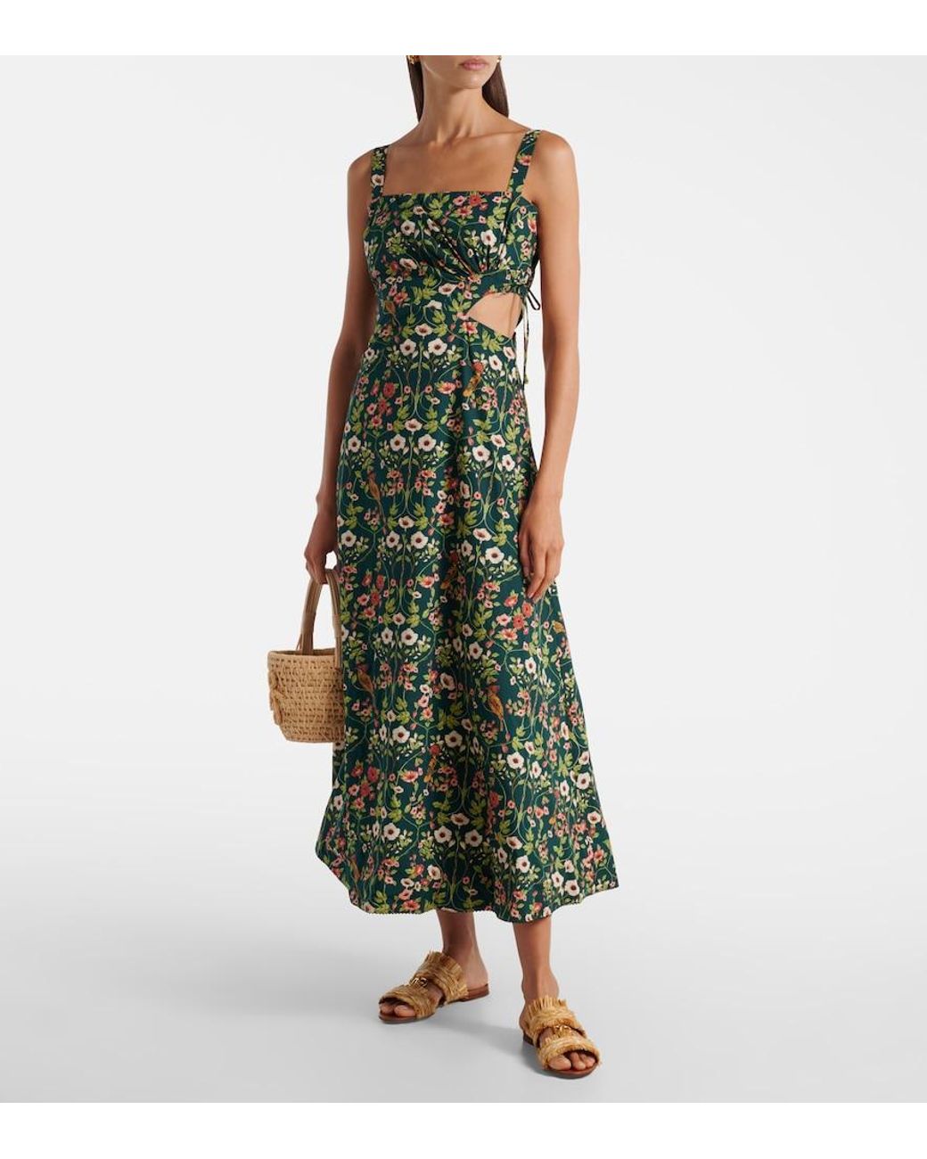 Agua Bendita Green Verano Cutout Floral Cotton Midi Dress