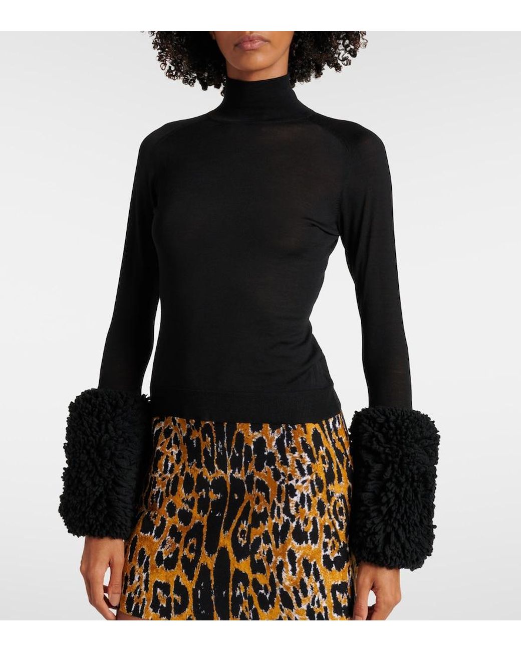 Alaïa Black Faux Fur-Trimmed Wool Turtleneck Top