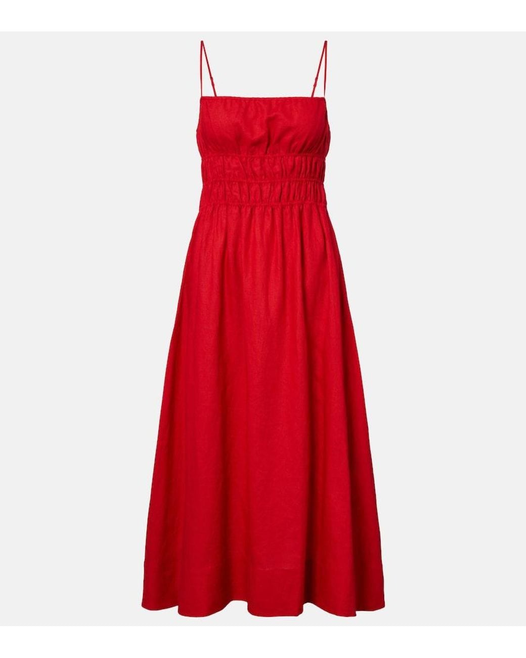Staud Ayla Shirred Linen Midi Dress