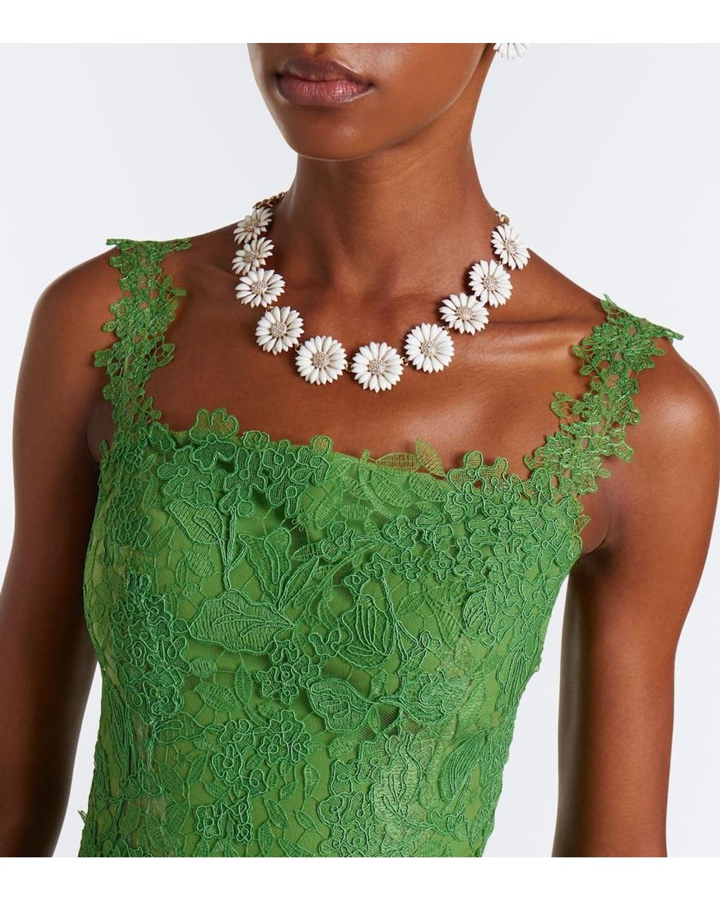 Carolina Herrera Green Floral Lace Midi Dress