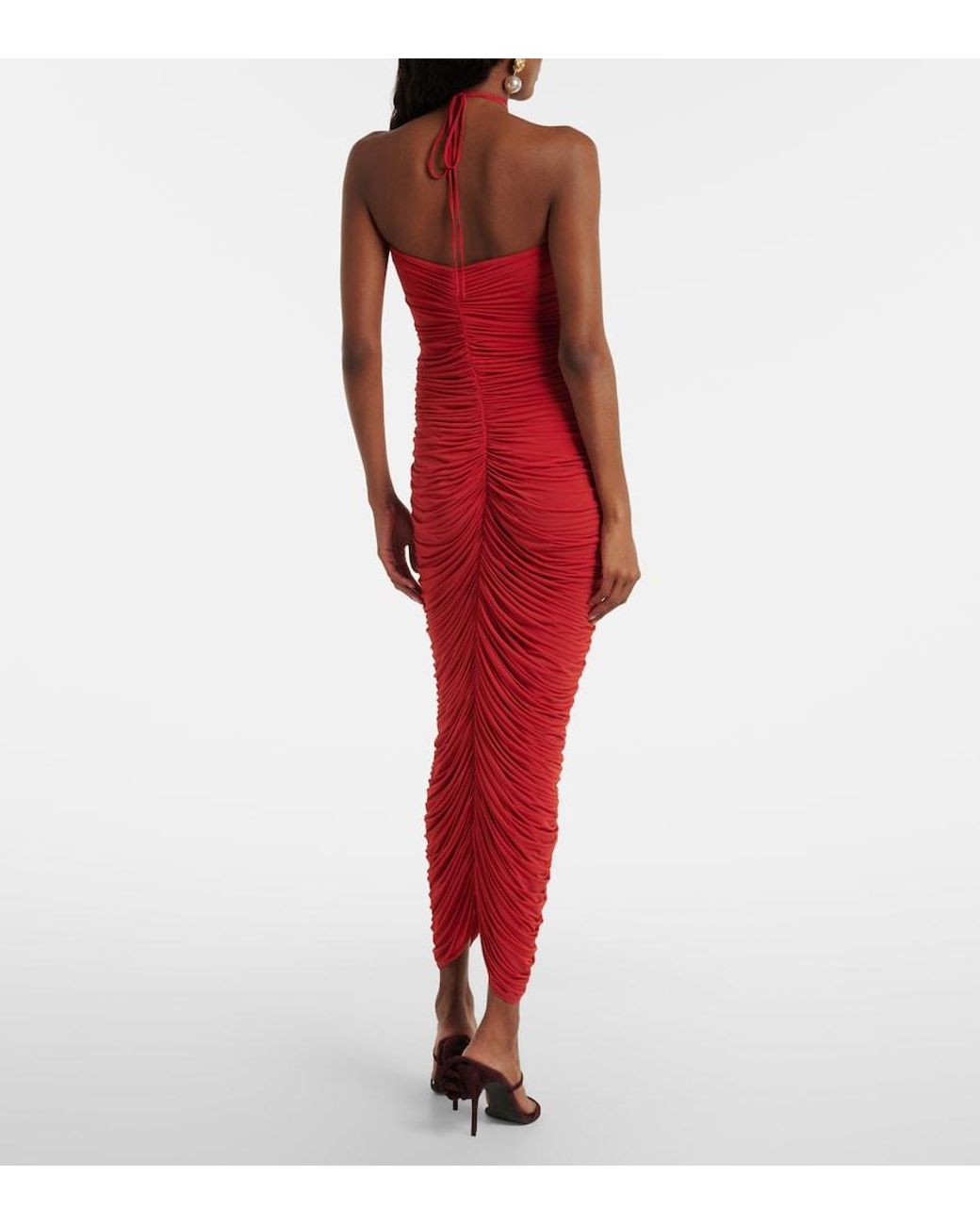 Magda Butrym Red Floral-Applique Ruched Jersey Midi Dress