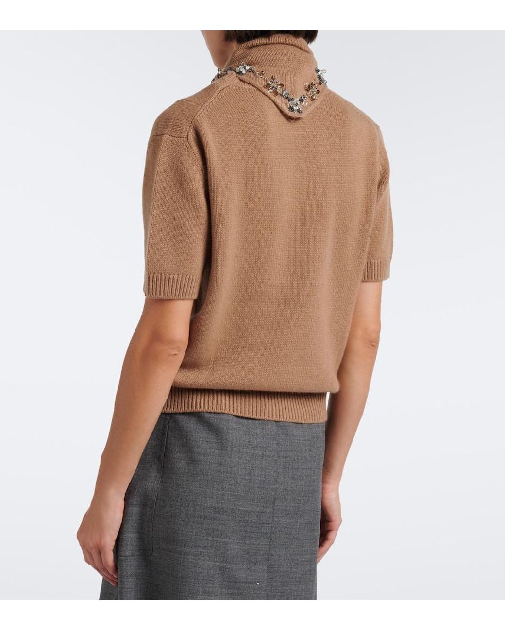 Prada Brown Embellished Tie-Neck Cashmere Sweater