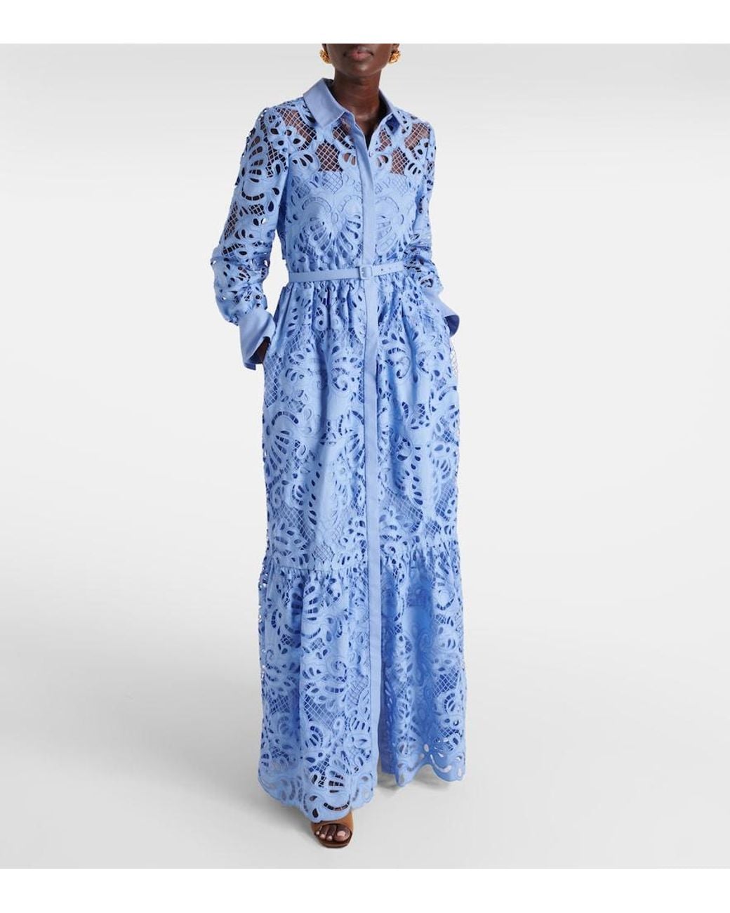 Self-Portrait Blue Belted Cotton Lace Maxi Dress