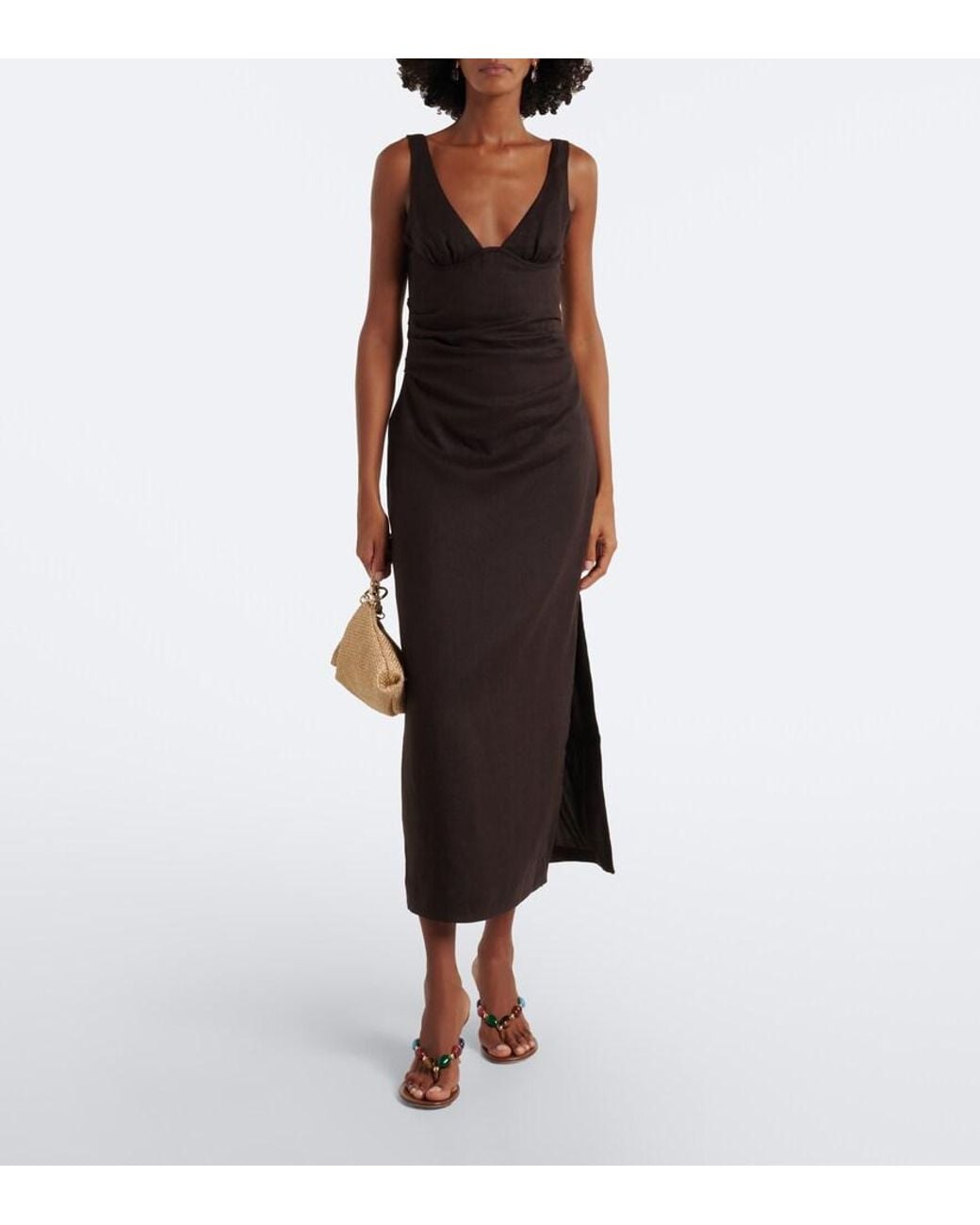Sir Black Draped Linen Midi Dress