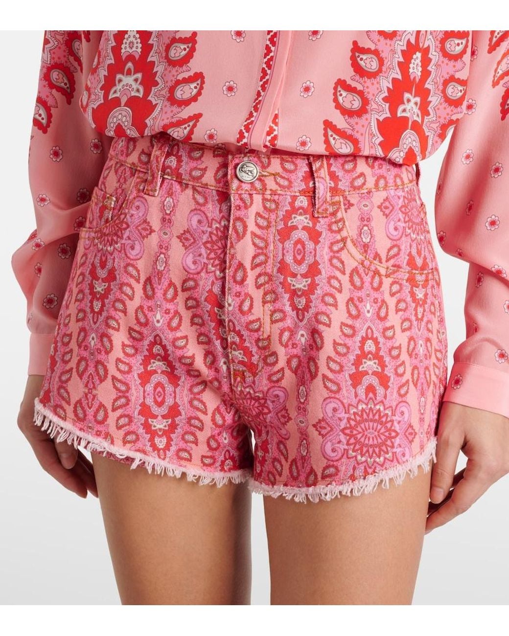 Etro Red Printed Denim Shorts