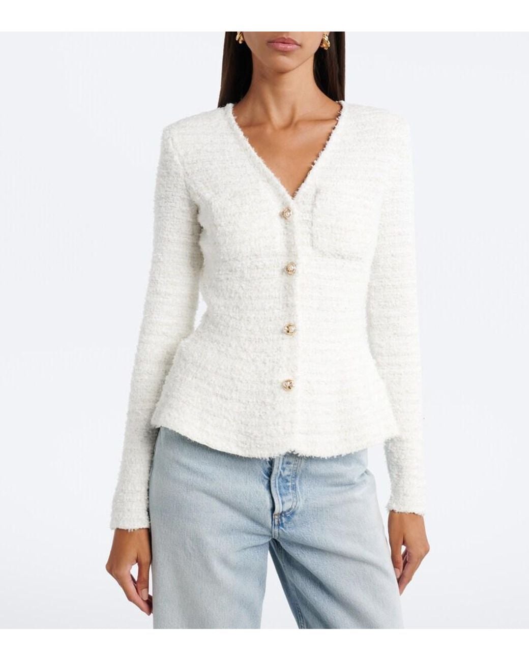Self-Portrait White Belted Boucle Cardigan