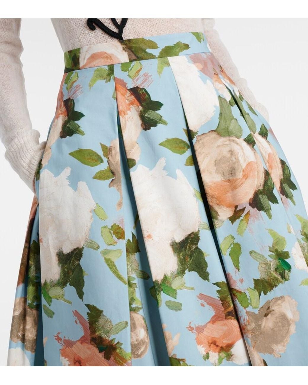 Erdem Green Floral Pleated Cotton Midi Skirt