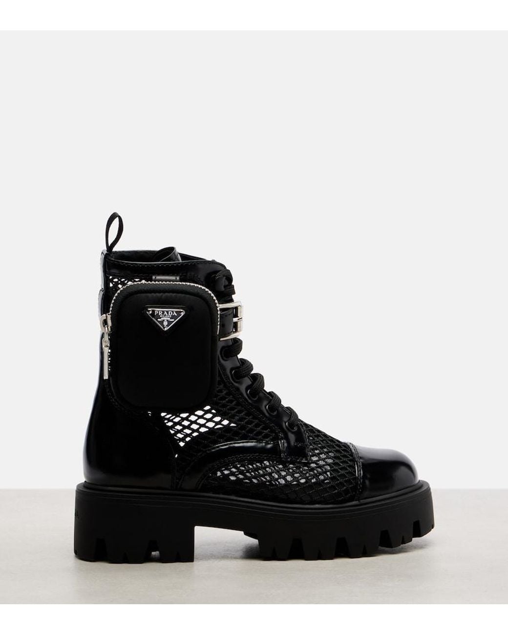 Prada Black Schnuerstiefel Aus Mesh Und Leder