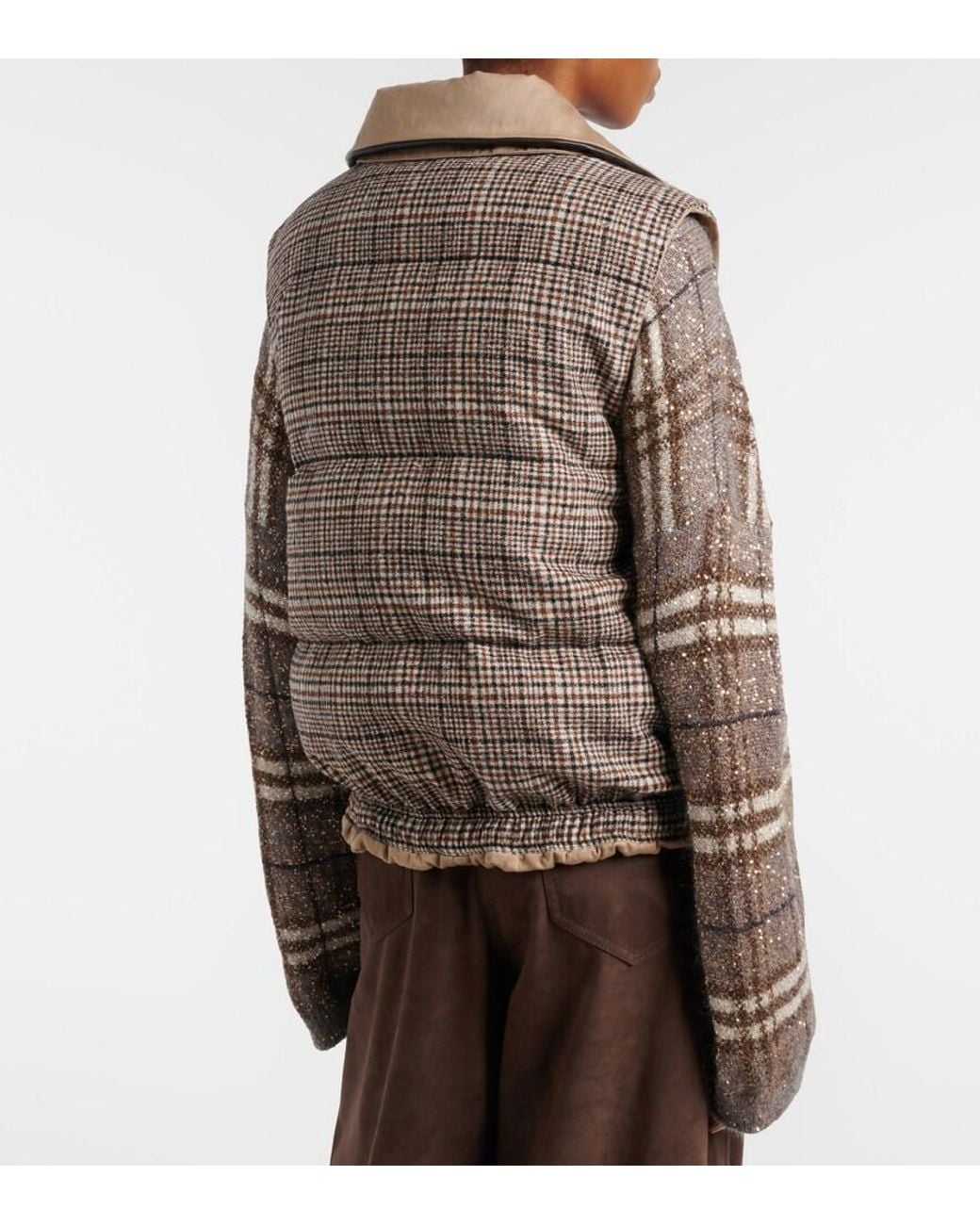Brunello Cucinelli Brown Checked Leather-Trimmed Down Vest