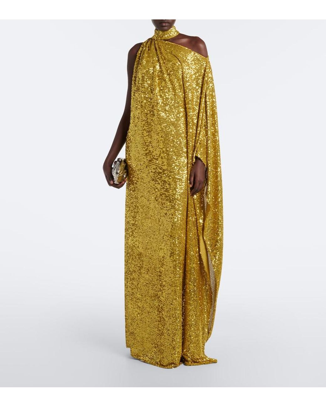 Taller Marmo Yellow Atlas Disco Sequined One-Shoulder Gown