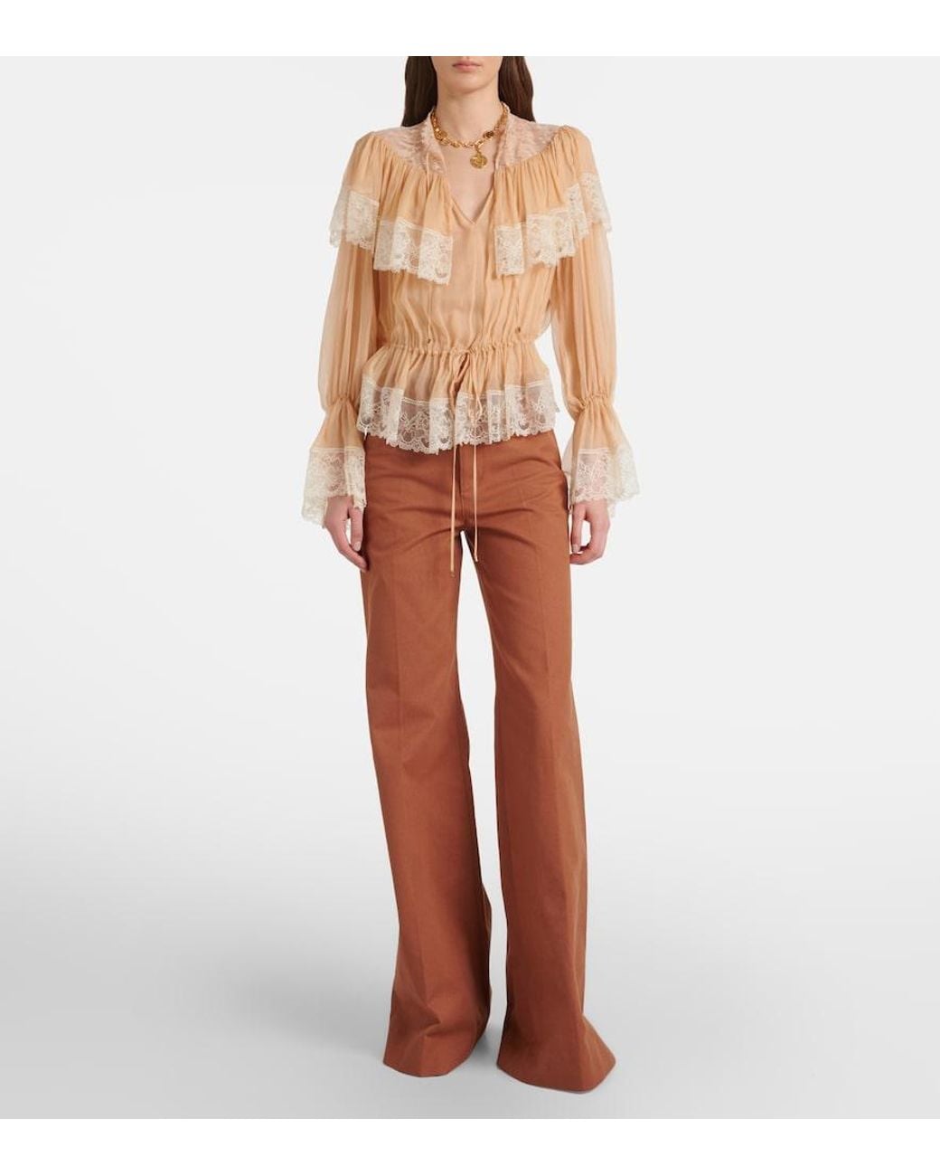 Chloé White Lace-Trimmed Silk Blouse