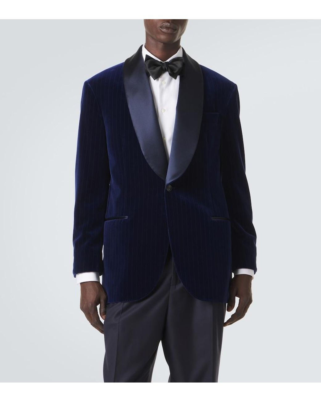 Brunello Cucinelli Blue Pinstripe Cotton Velvet Tuxedo Jacket for men