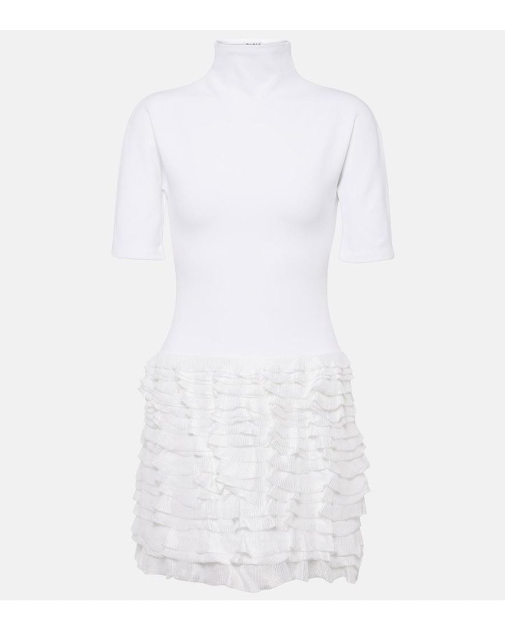 Alaïa White Ruffled High-Neck Jersey Minidress