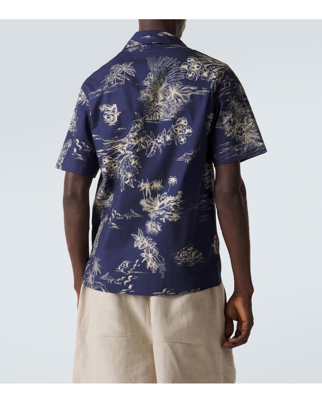Moncler Blue Floral Cotton Poplin Bowling Shirt for men