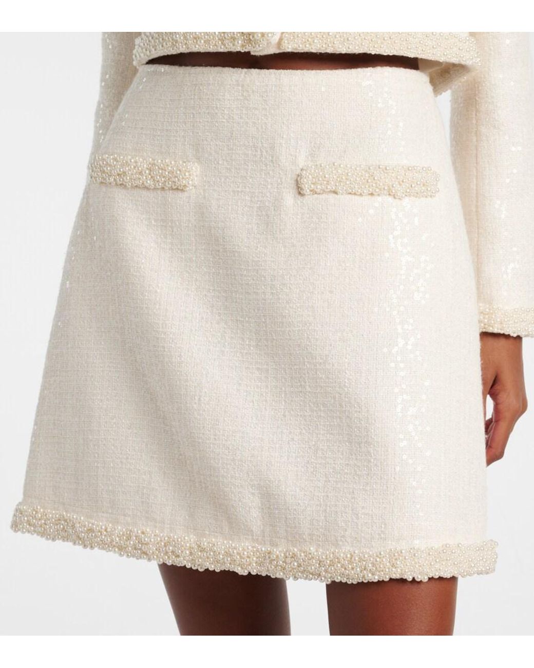 Self-Portrait White Faux Pearl-Trimmed Boucle Miniskirt