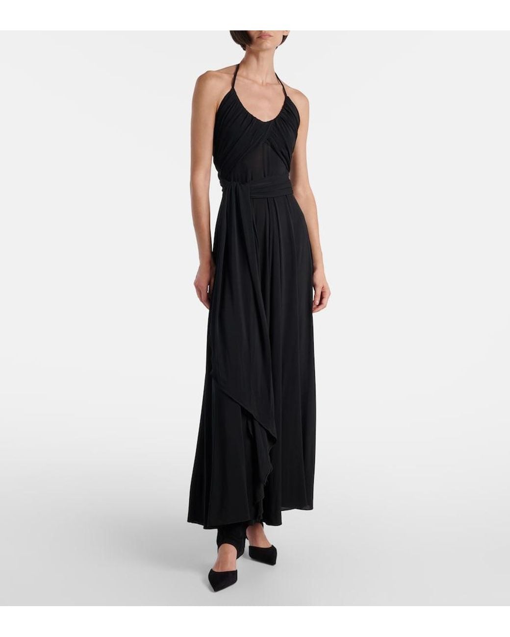 Alaïa Black Cross Draped Gathered Maxi Dress