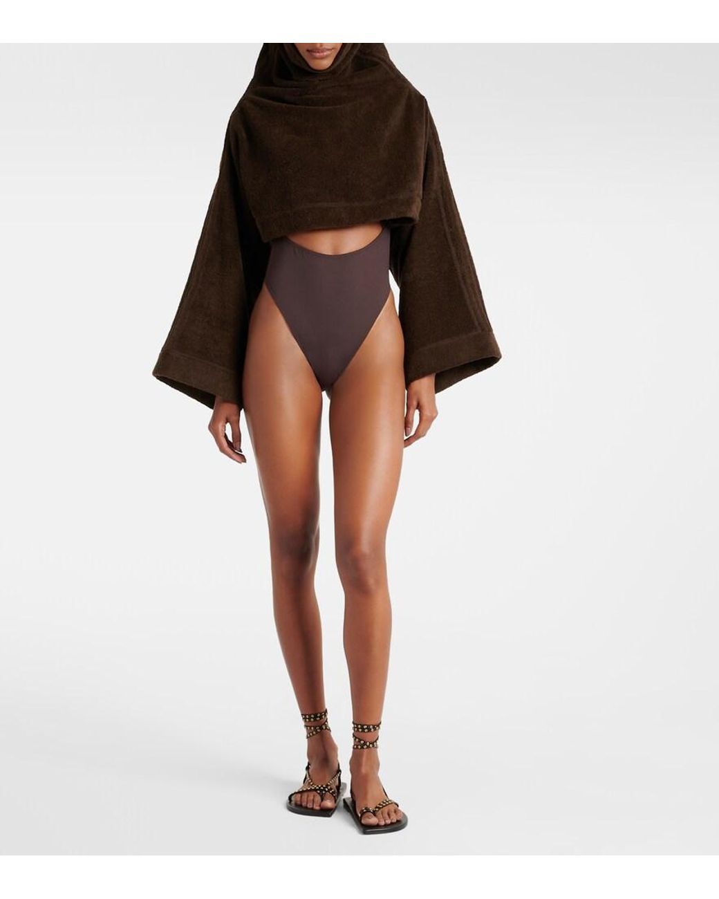 Alaïa Brown Cropped Cotton Terry Hoodie