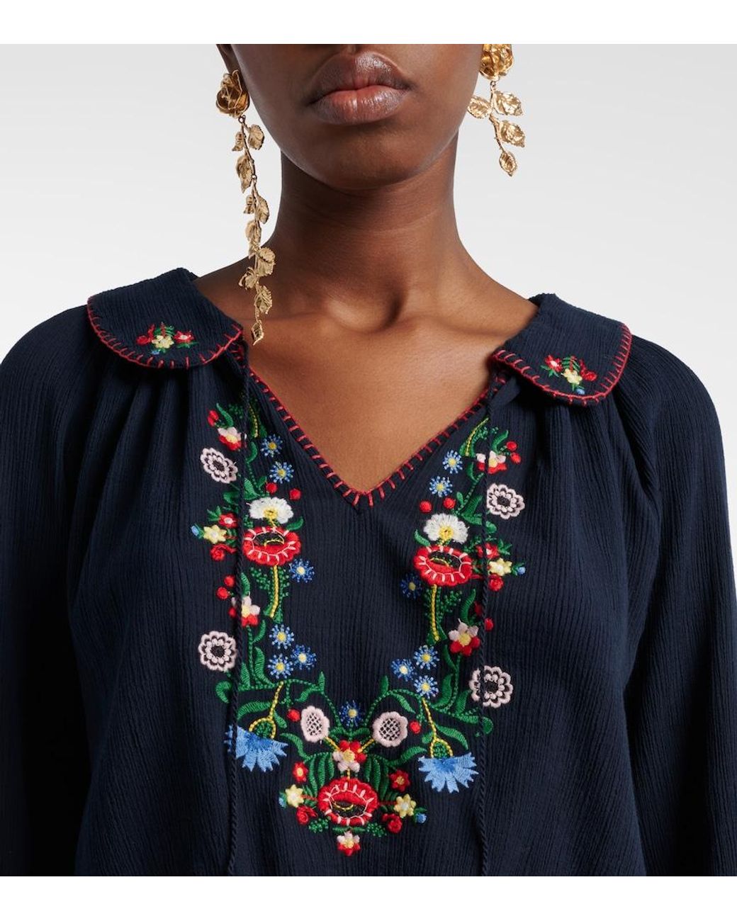 Rixo Blue Sofira Embroidered Cotton Top