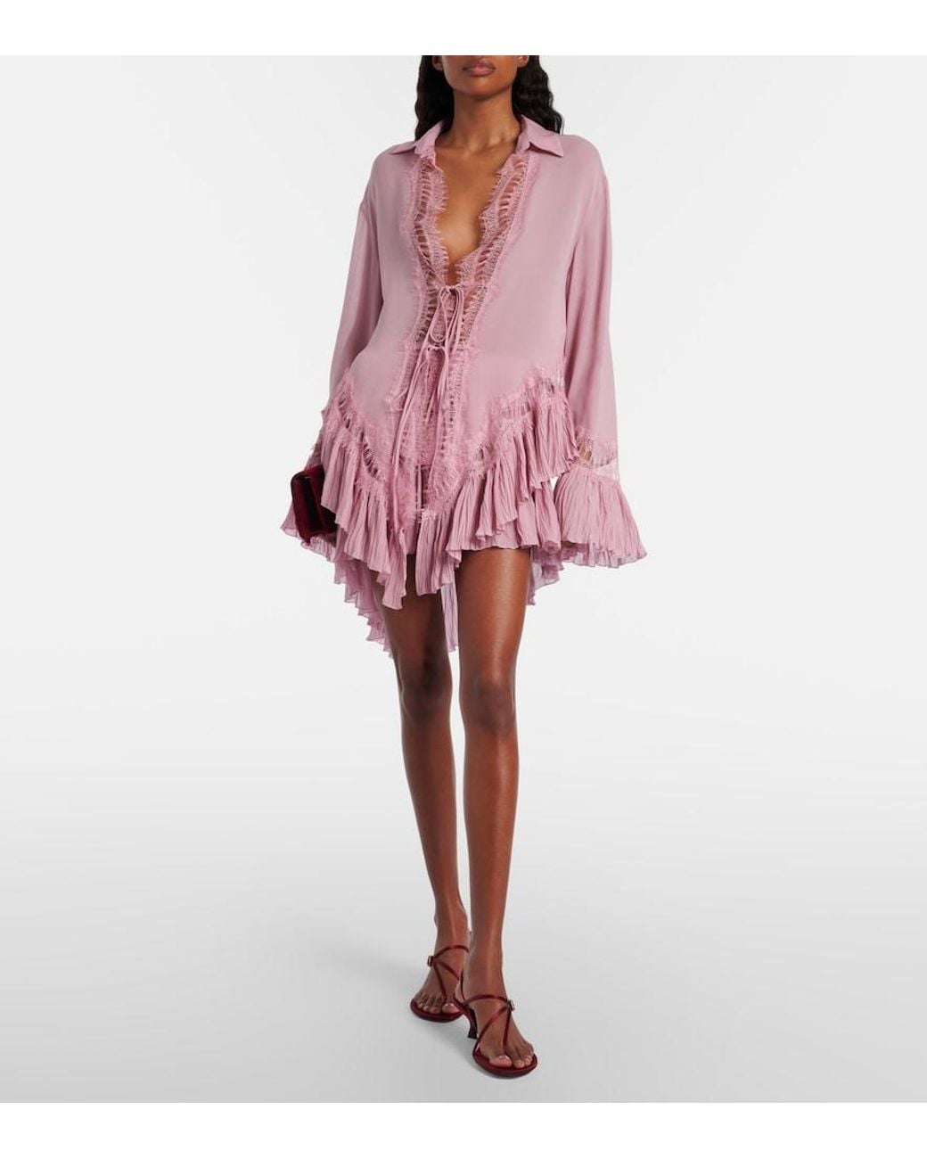 Blumarine Pink Plisse Tiered Georgette Miniskirt