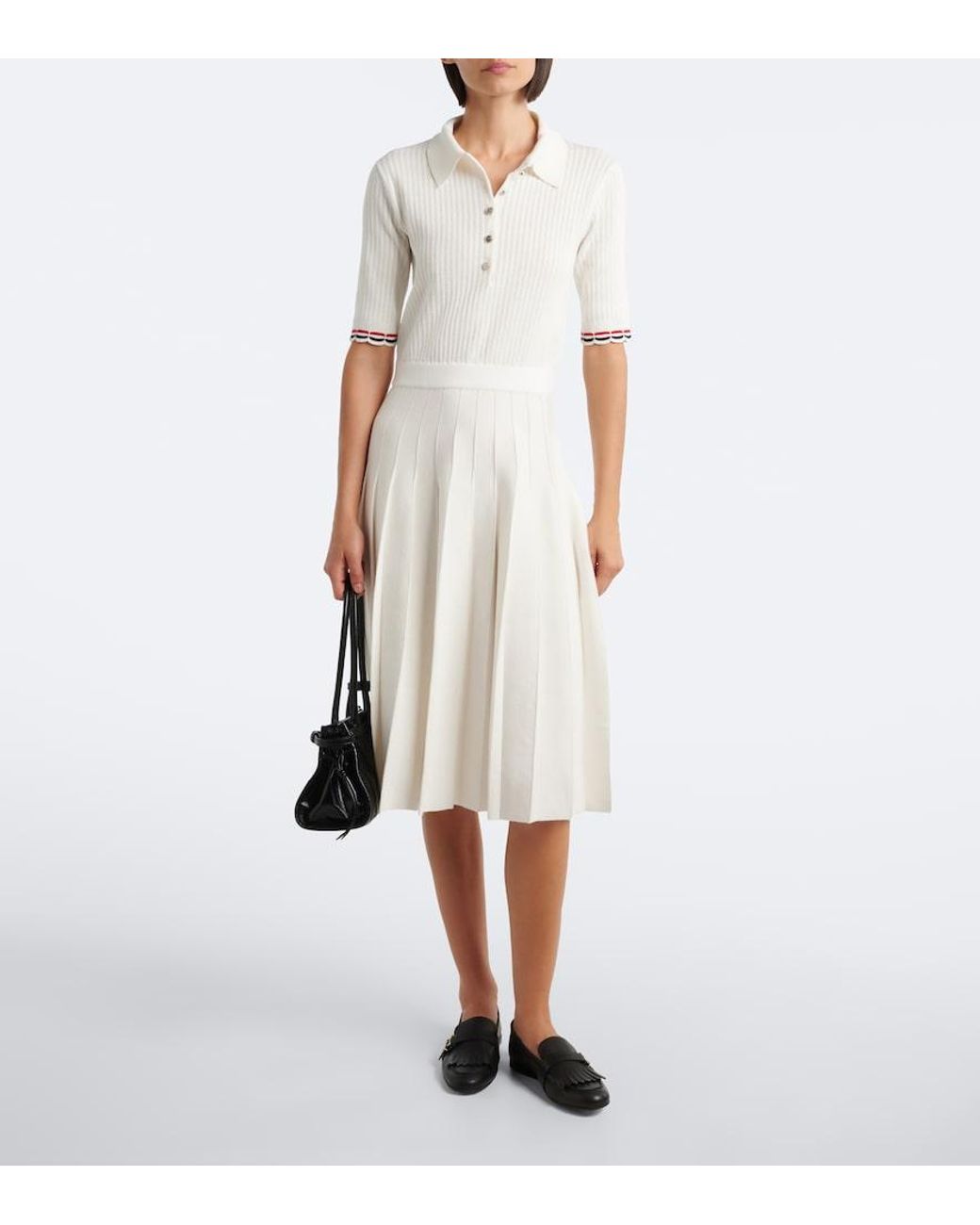 Thom Browne White Ribbed-Knit Pointelle Cotton Polo Dress