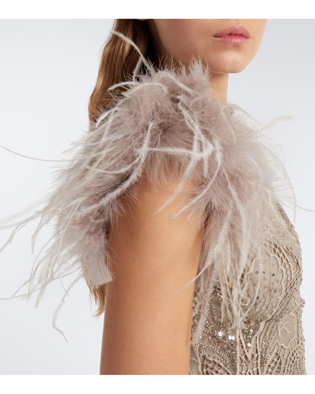 Georges Hobeika Natural Embellished Guipure Lace Gown