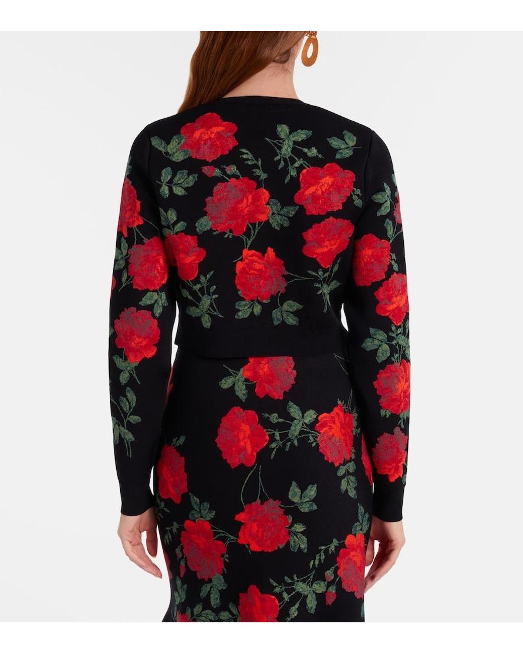 Carolina Herrera Red Floral Cropped Jacquard Cardigan