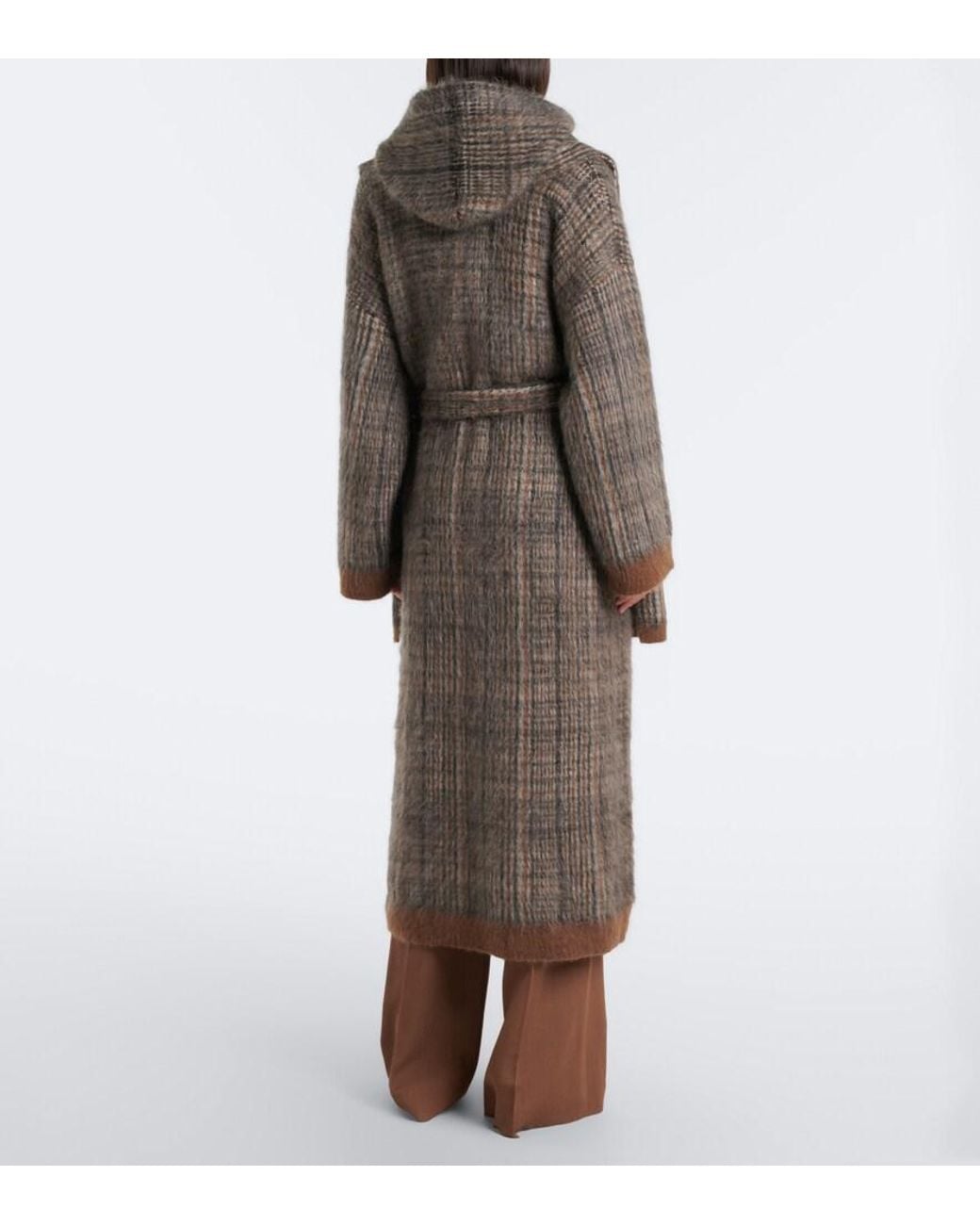 Brunello Cucinelli Brown Checked Scarf-Detail Mohair-Blend Wrap Coat