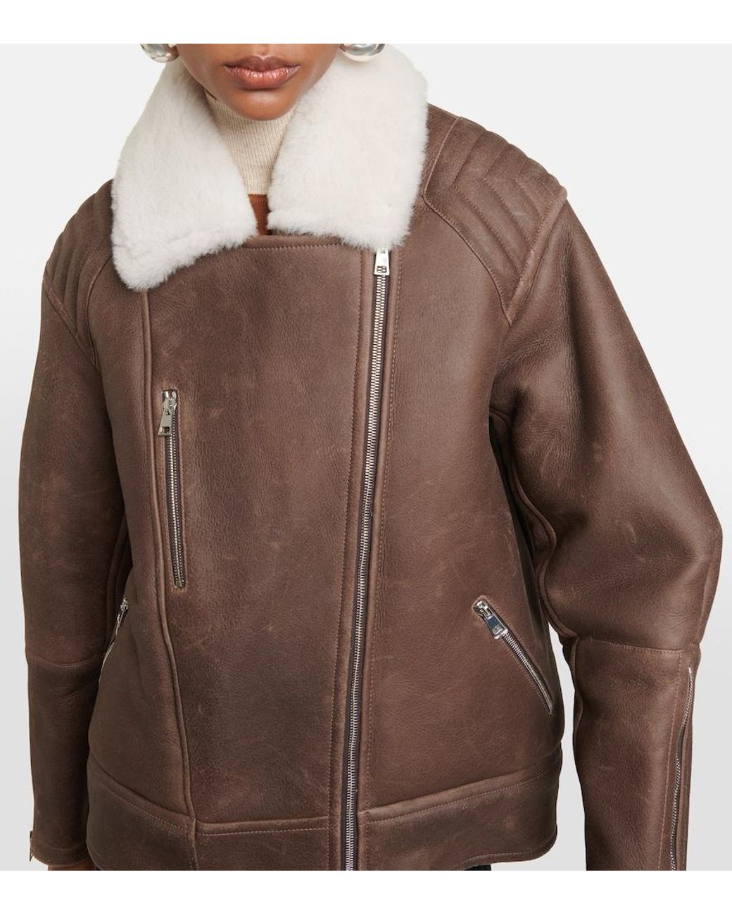 Blancha Brown Shearling-Trimmed Leather Jacket