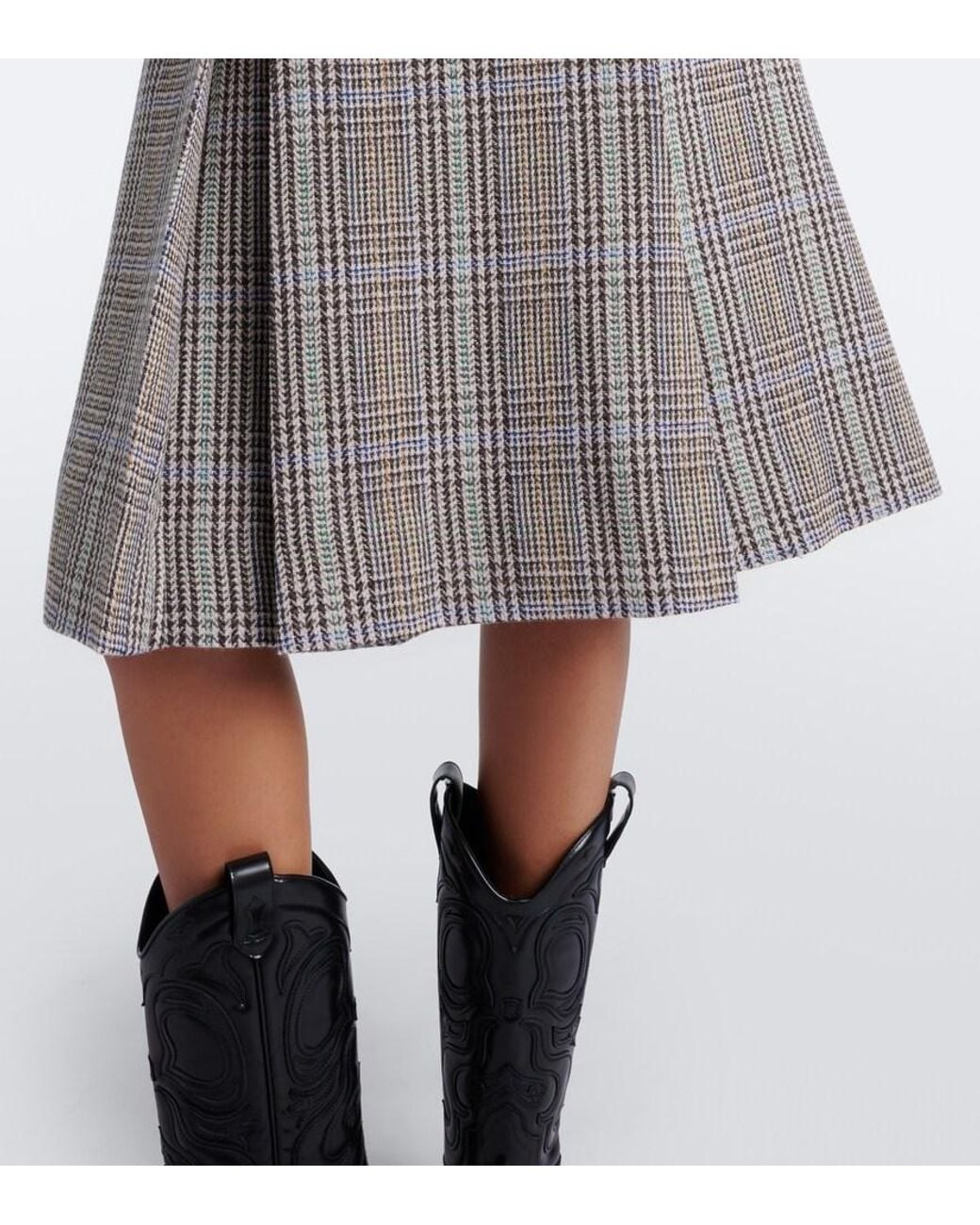 Acne Gray Checked Pleated Wool Midi Skirt