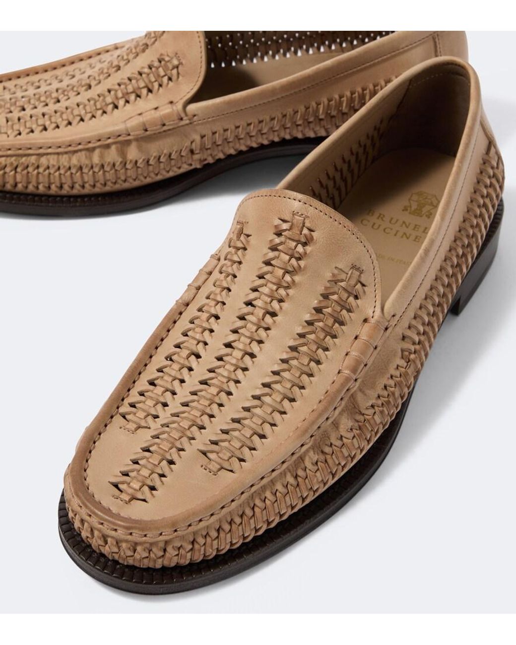 Brunello Cucinelli Brown Woven Leather Loafers for men