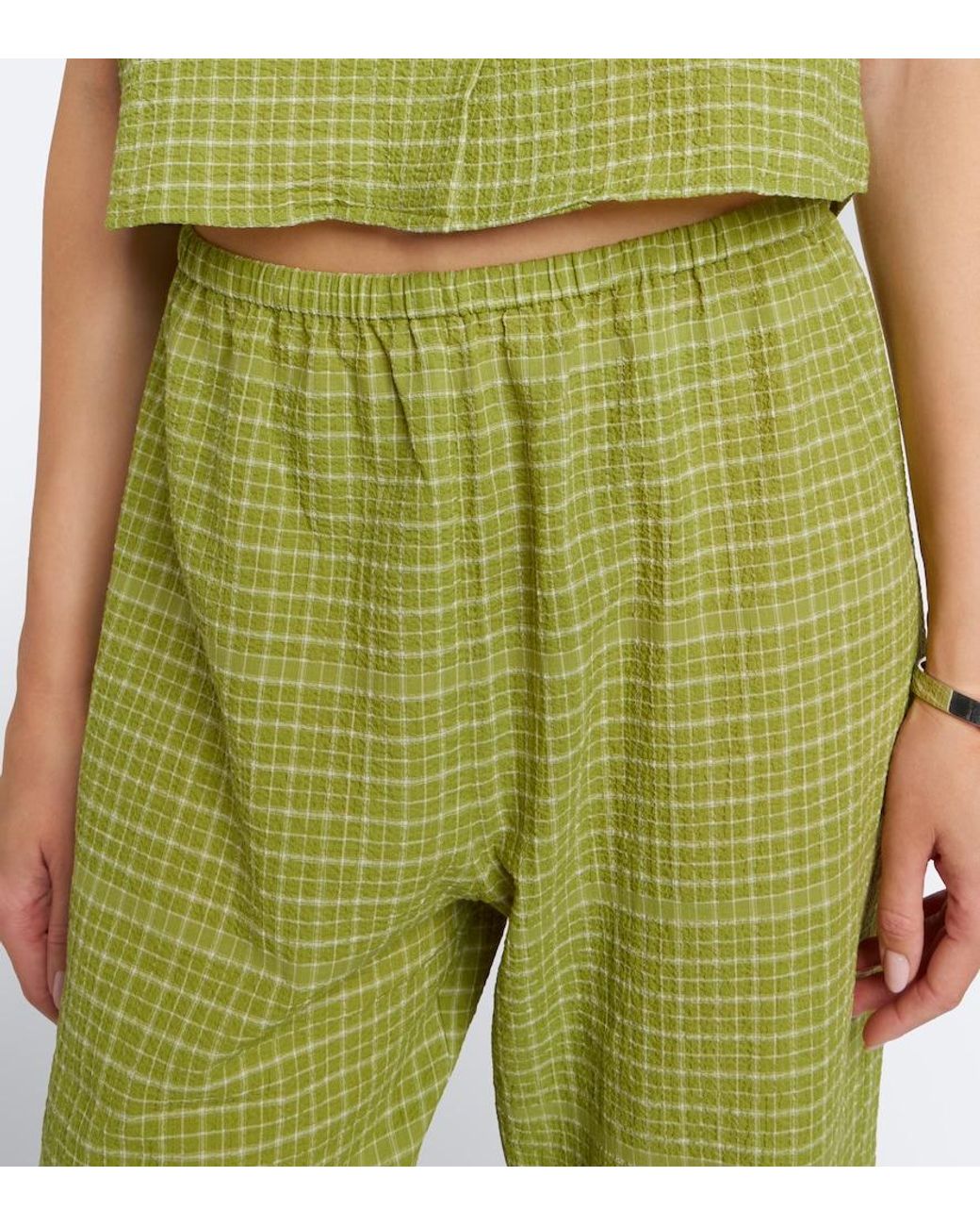 Asceno Green Loreto Checked Cotton Wide-Leg Pants