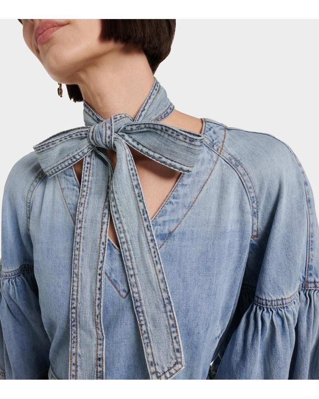 Zimmermann Blue Tie-Neck Puff-Sleeve Denim Minidress
